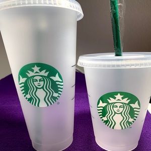 Starbucks reusable cups.